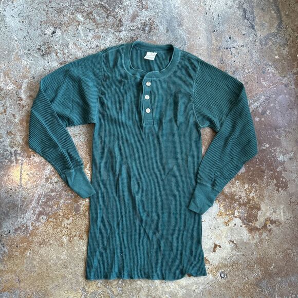 Vintage Great Land 50/50 Henley Thermal L/S Shirt USA Made Size M Solid Green - Picture 1 of 5